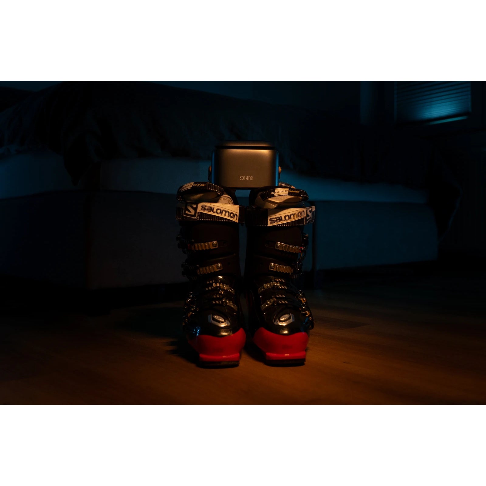 Ultra Grey and ski boots in the evening, original photograph